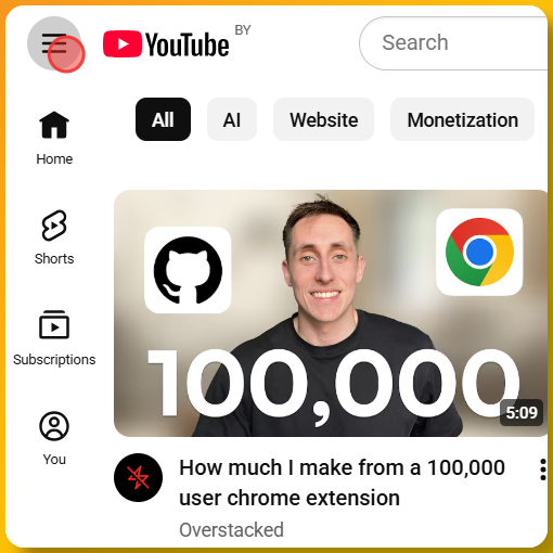 Screenshot showing how to click the menu icon in the top left corner of YouTube - three horizontal lines icon